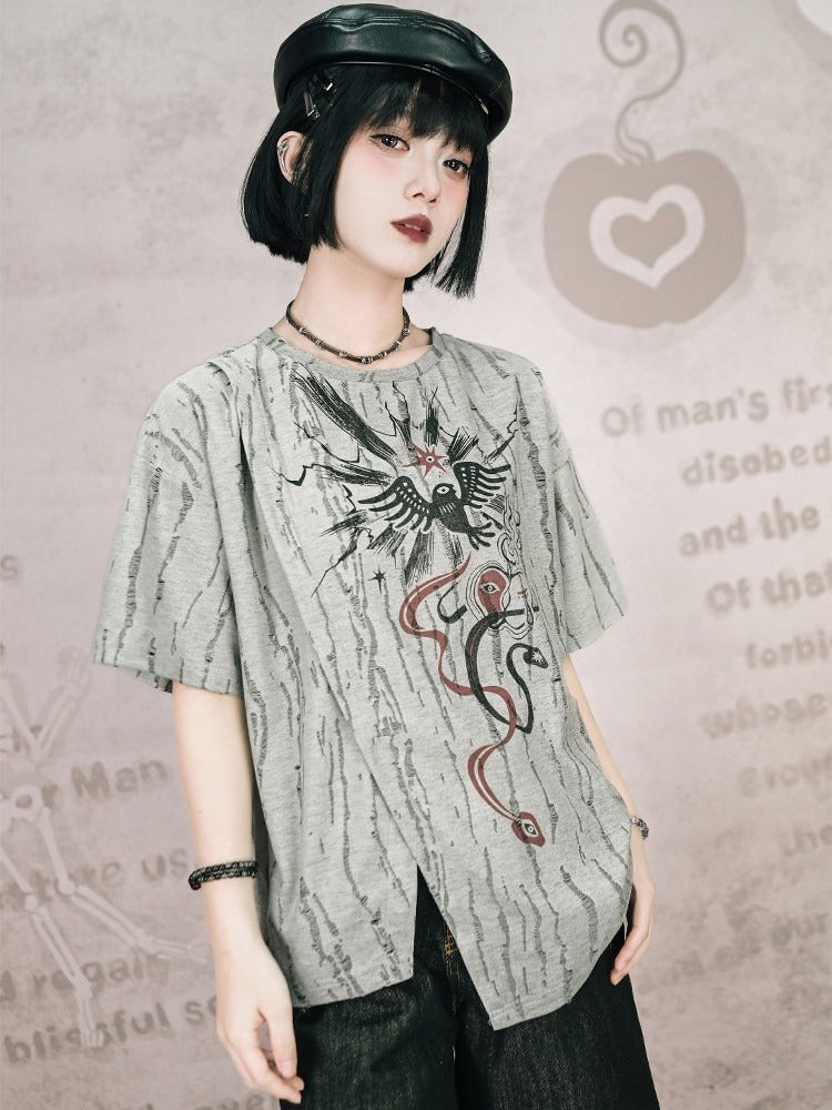 Gray Asymmetrical Short Sleeve T-Shirt with Print & Distress - Quirky Hut
