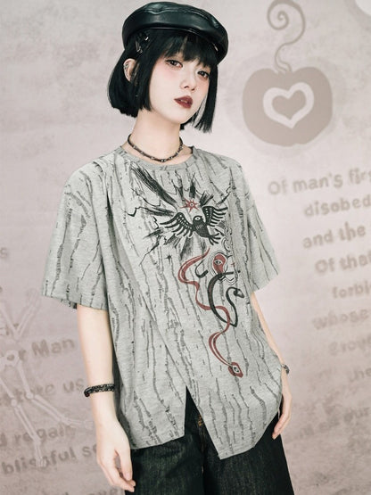 Gray Asymmetrical Short Sleeve T-Shirt with Print & Distress - Quirky Hut