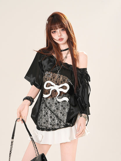Schwarz/Weiß Große Off-the-shoulder T-shirt Spitze Schleife Patches Druck Taille