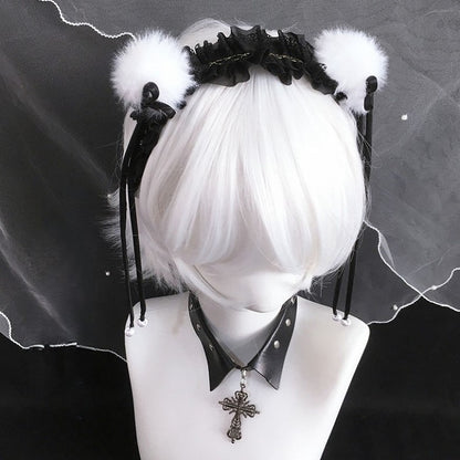 Nœud papillon pompon noir et blanc en dentelle avec garniture KC