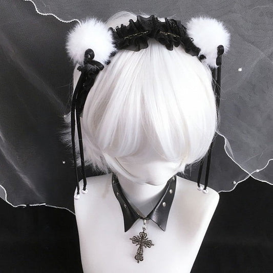 Nœud papillon pompon noir et blanc en dentelle avec garniture KC