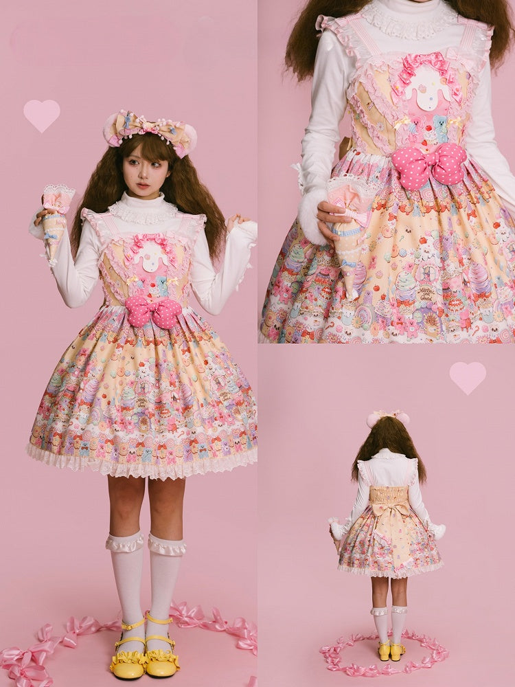 Lolita Desserts – Gelber Pulloverrock mit süßem Gummibärchen- und Bären-Print