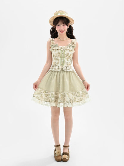 取り外し可能な蝶結び付きグリーンヴィンテージグレーププリントノースリーブトップスライト