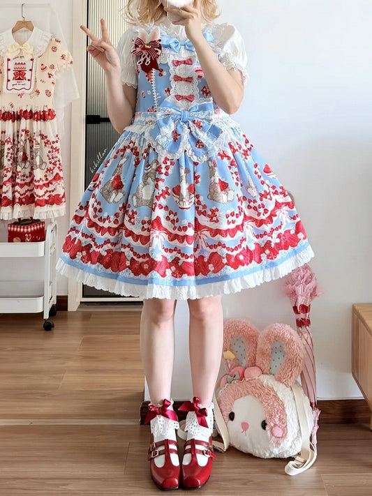 at Country Bowknot Cottagecore Erdbeer- und Hasendruck Blaue Details Kleid Lolita Ärmellose Taille