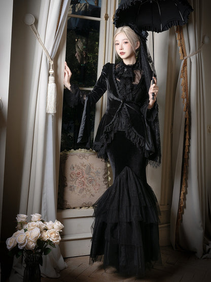 Black Embroidered Lace Blouse with Velvet V-Neck Coat and Layered Mermaid Skirt - DevilInspired Exclusive Collection