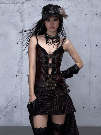 Adjustable Cami Straps with Red Shoulder Lace Ruffle Punk Trim Dark Rock Top