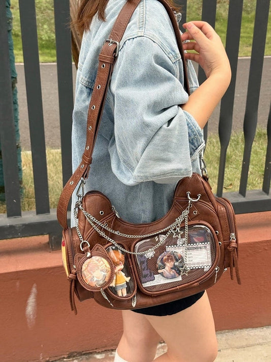 Brown Bag with Cat Ear Design Details PU Chain Crossbody Ita