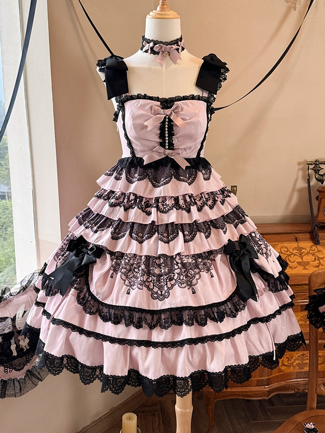 Black and Pink High-Waisted Tiered Ruffle Hem Jumper Skirt - Mademoiselle Pearl