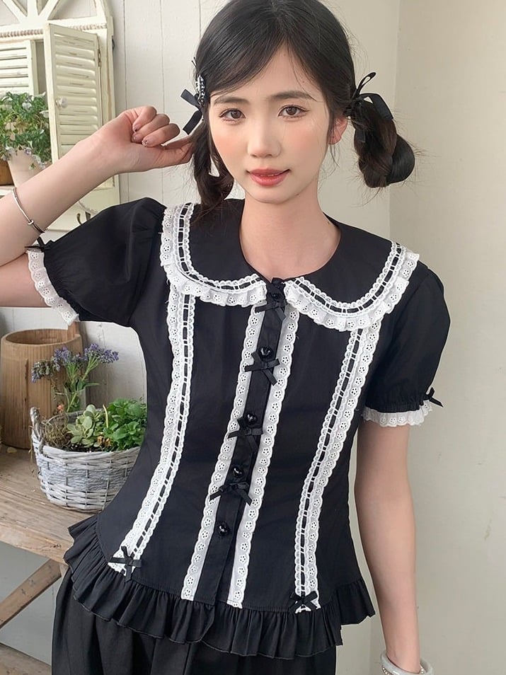 Black White Peter Pan Collar Lolita Blouse - Lan Jian Chuan