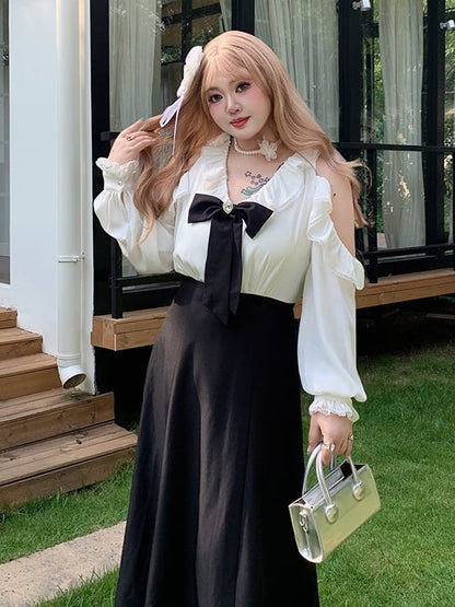 / Bowknot Detachable Shoulder Plus Size Black Waist Dress Cutout with High Pink and