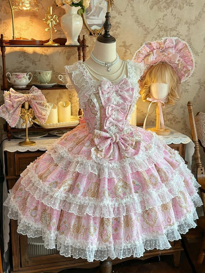 JSK Floral Chandelier and Accents Bow with Crystal Pink Lolita Print