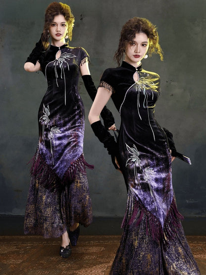 Chinese Qipao Butterfly Wing Embroidered Mermaid Dress Fringe - sijinstudio