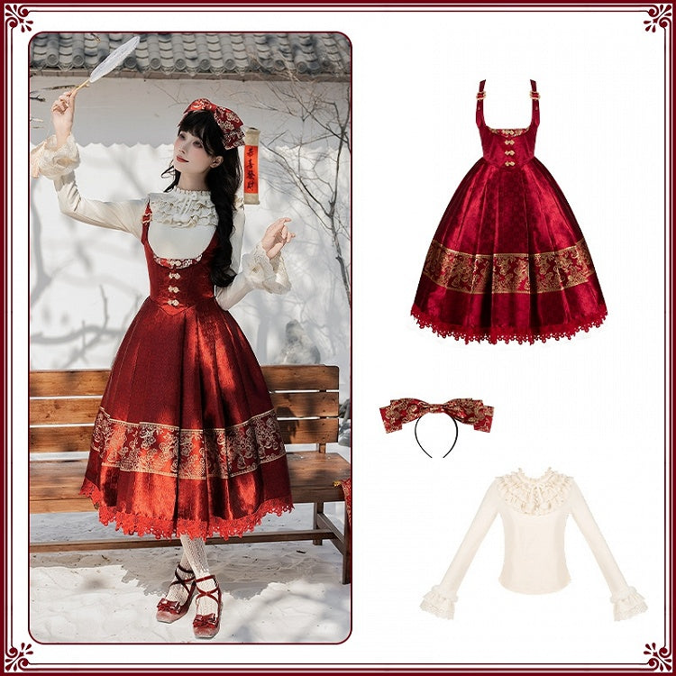Bust Under New Bow + Long Gold KC Year Beige Version Lolita Top Red Knit JSK