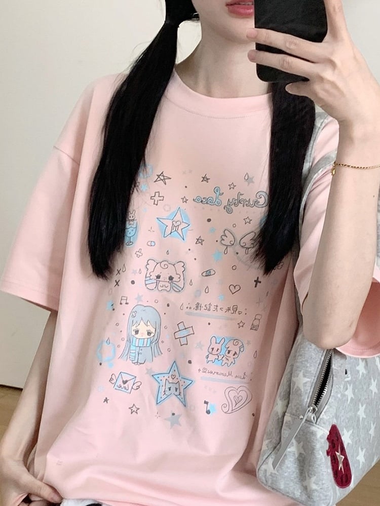 Pink Cartoon Print Cool Touch Short Sleeve T-Shirt - PINK SAVIOR