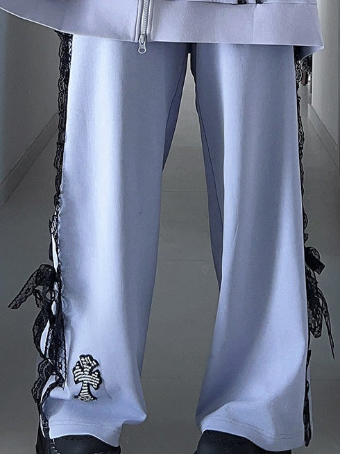 Purple Cross Lace Decoration Pants with Bow Sweat Kei Jirai