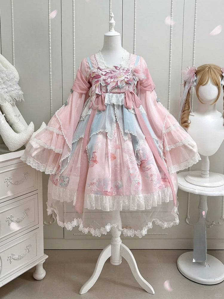 Blouse Han Bell with Lolita Pink Sleeves Lace-Trimmed