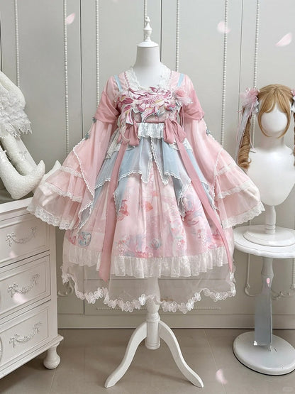 Blouse Han Bell with Lolita Pink Sleeves Lace-Trimmed