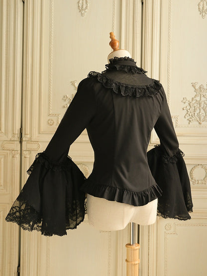 ブラック ジャボタイ フリルネックライン ロングベルスリーブ ブラウス