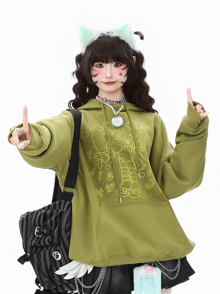 Cartoon Green/White/Blue Star Pocket Girl Daily Pattern and - Kawaii Convenient Hoodie