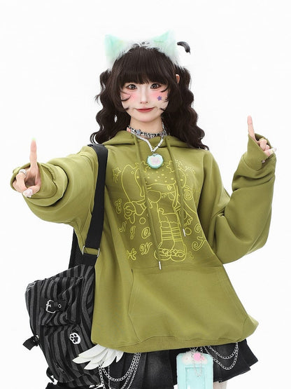 Cartoon Green/White/Blue Star Pocket Girl Daily Pattern and - Kawaii Convenient Hoodie