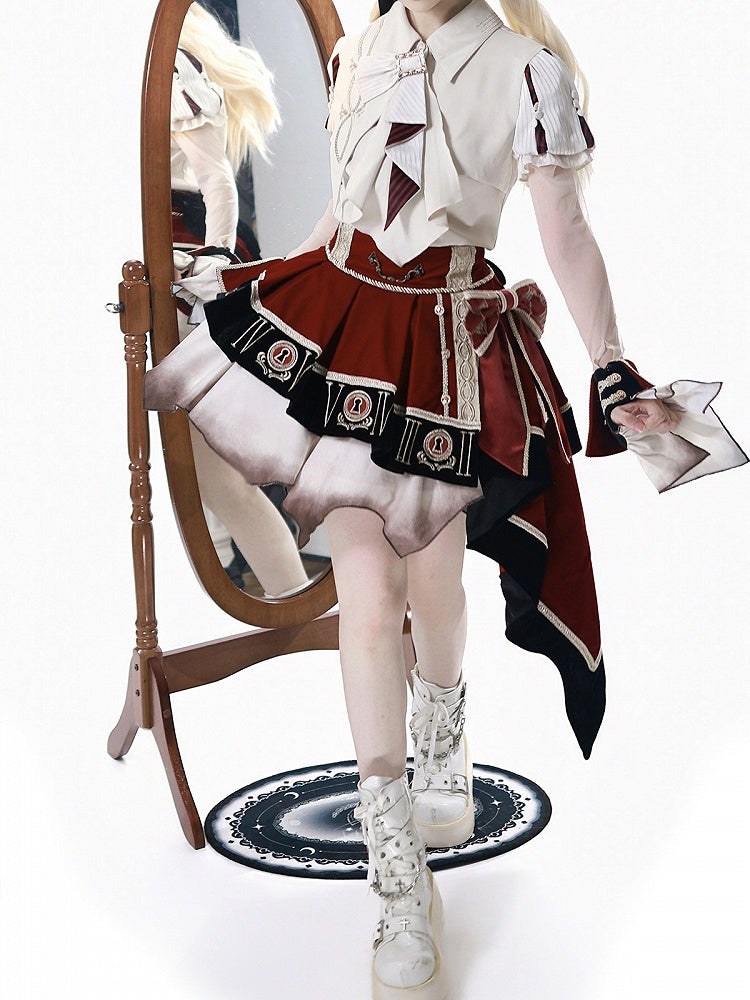 Red Black Juliette Sleeves Preppy Lolita Blouse Asymmetric Skirt Set - Unknown Star