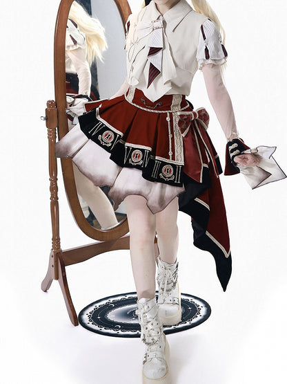 Red Black Juliette Sleeves Preppy Lolita Blouse Asymmetric Skirt Set - Unknown Star