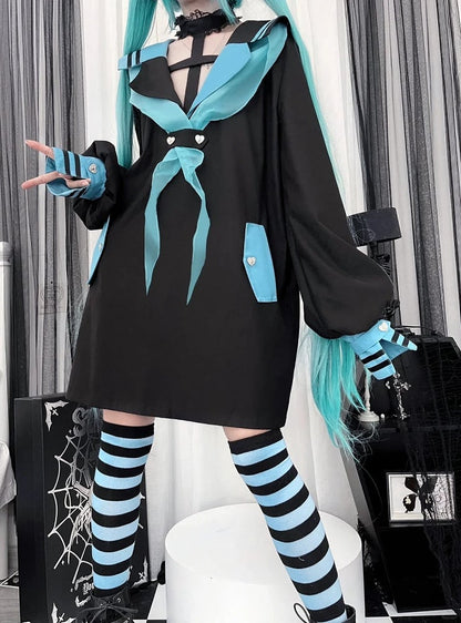 Style Landmine Black Futuristic Sailor Collar  Cross Halter Neck Long Top with Contrast Green