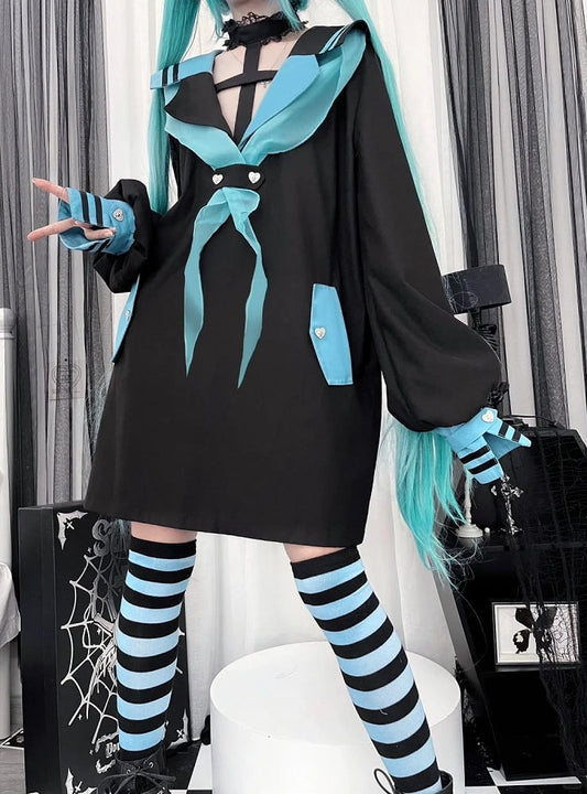 Style Landmine Black Futuristic Sailor Collar  Cross Halter Neck Long Top with Contrast Green