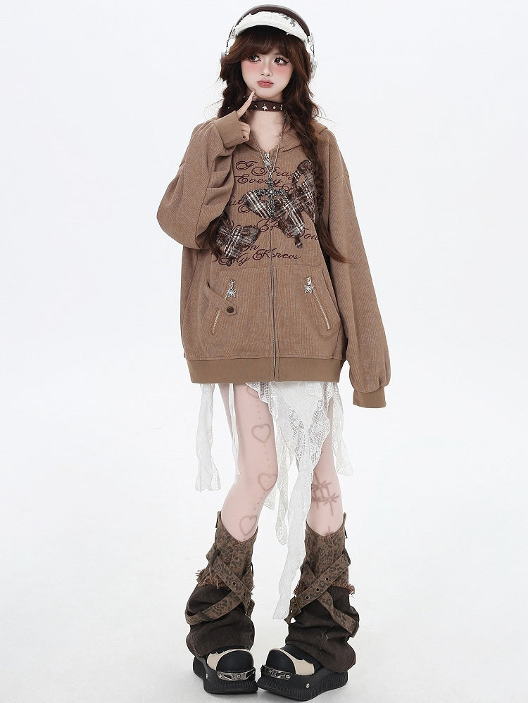 Brauner Frühlings-Kapuzenpullover mit Schmetterlingsapplikationen und Reißverschluss
