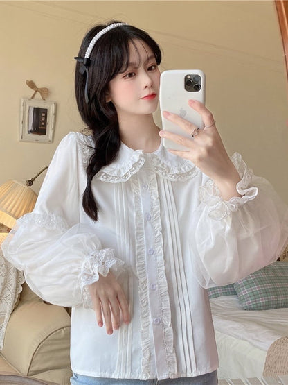 Puff Lace Trim Sleeve Long White Blouse Lolita