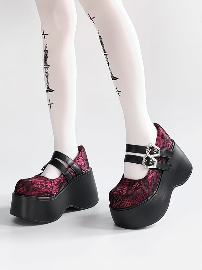 Punk - Black Red Sole Design Coffin-Shaped Buckle Shoes Platform