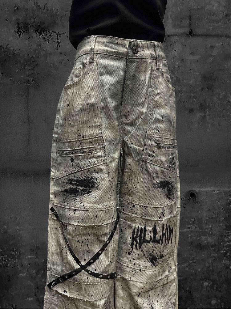 Jeans with Wasteland Strap Cargo Yellow Punk Design Tie Crossed Straight-Leg Dye