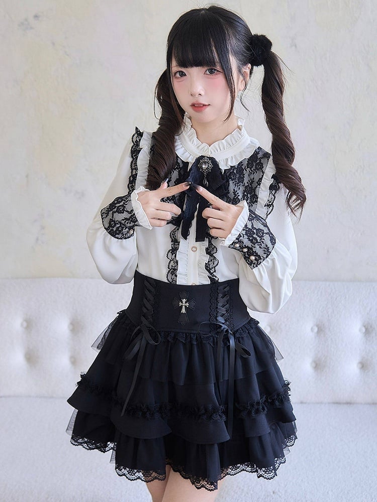 Jirai and Tiered with Details Skirt Lace Lace-up Cross Kei Ruffle Black