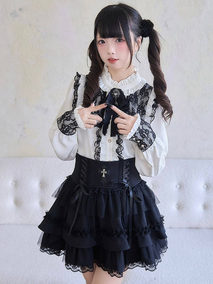 Jirai and Tiered with Details Skirt Lace Lace-up Cross Kei Ruffle Black