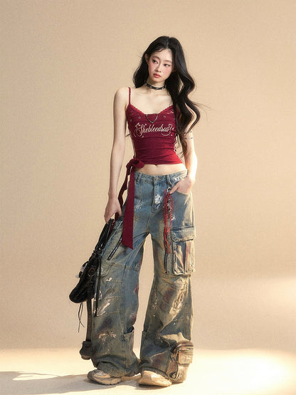 サイドキャミワインレッドVネックグラマラスクロップトップ、大きなリボン付き