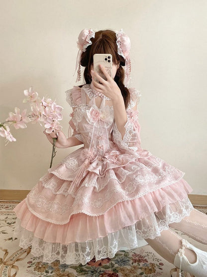 Flower Frog Waist Layered Chinoiserie Bows with Corset Pink Button Dress Lolita