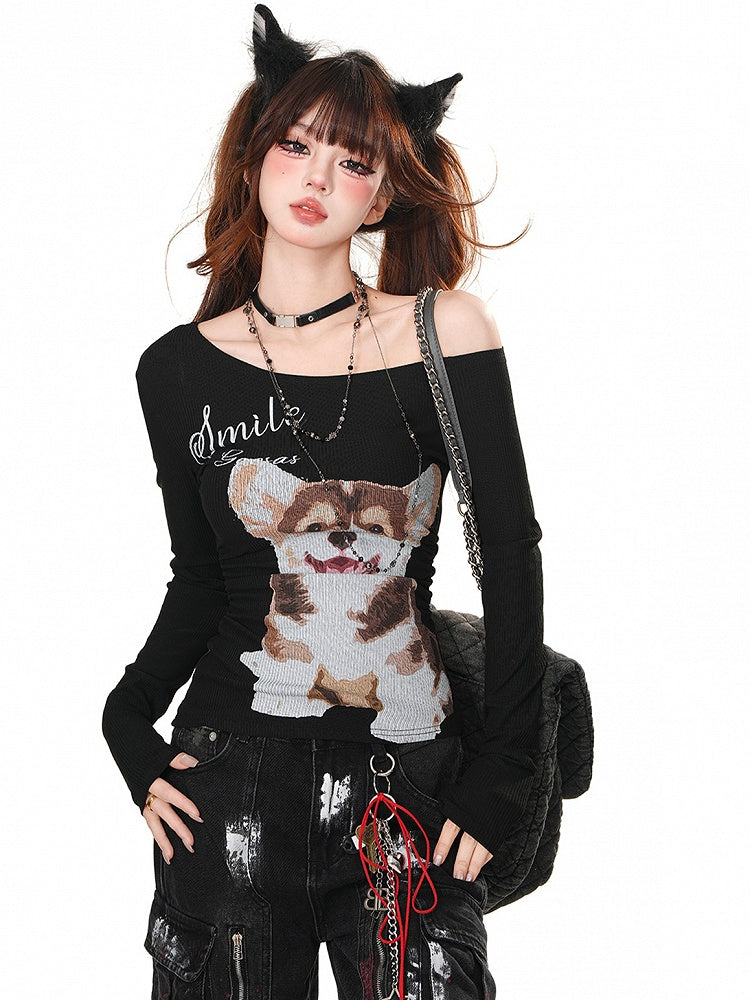 Schwarz/weißes Slim-Fit-Top mit asymmetrischem Ausschnitt und Welpen-Print