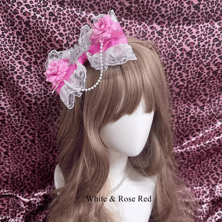 Colors Bow Rose with in Gyaru - Dazzling Chain Lace 4 Crown Hair Clip Hime Beaded