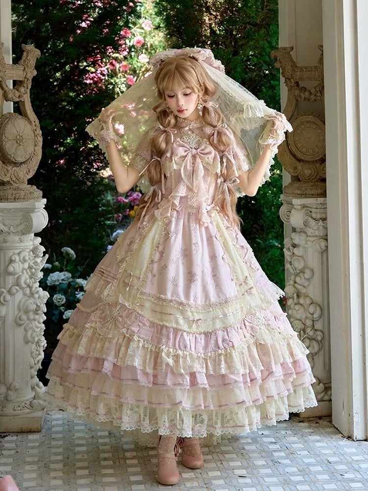 Refined Pink Lace-Trim Floral Embroidered Lolita Dress with Bow Train - Mademoiselle Pearl