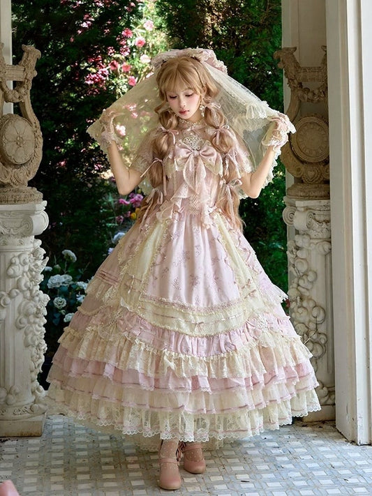 Refined Pink Lace-Trim Floral Embroidered Lolita Dress with Bow Train - Mademoiselle Pearl