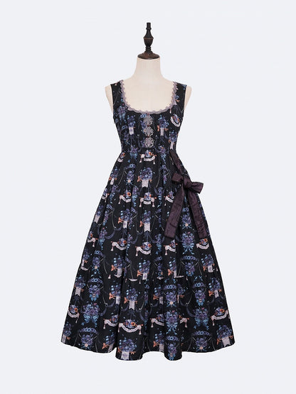 Black-Purple Pansy Print Classic Lolita JSK with Lace Trim