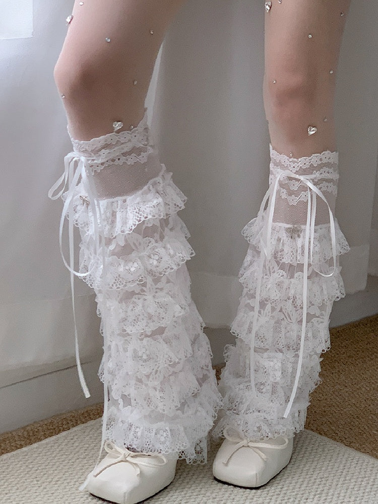 Tiered Strap Lace White Leg Self-tie Warmers Trim