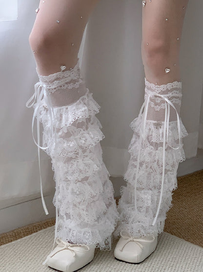 Tiered Strap Lace White Leg Self-tie Warmers Trim