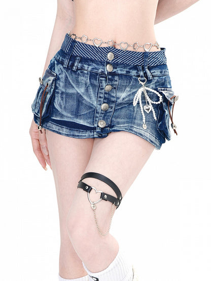 魅力的なミニスリムフィットポケットブルーシルバートーンデニムスカートボタン