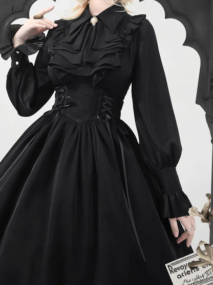 Flat Long Pointed Collar Sleeves Shirt Jabot Fabric Black Striped