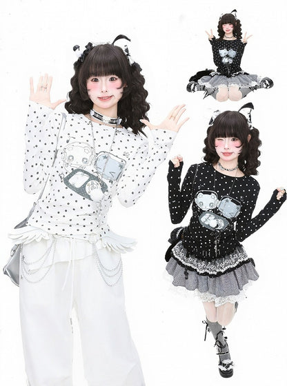 Y2K White Polka Dot & Cartoon Print Long Sleeve Tee, Size S - Languid Park