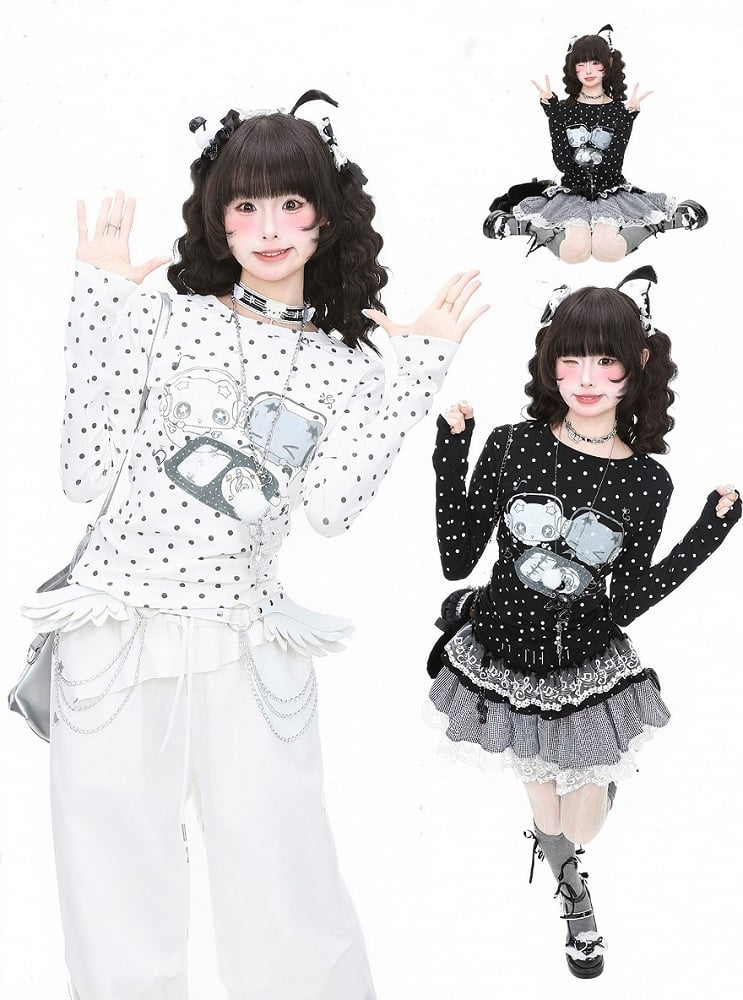 Cartoon Print Dot T-Shirt Black Y2K Polka Sleeve Long And