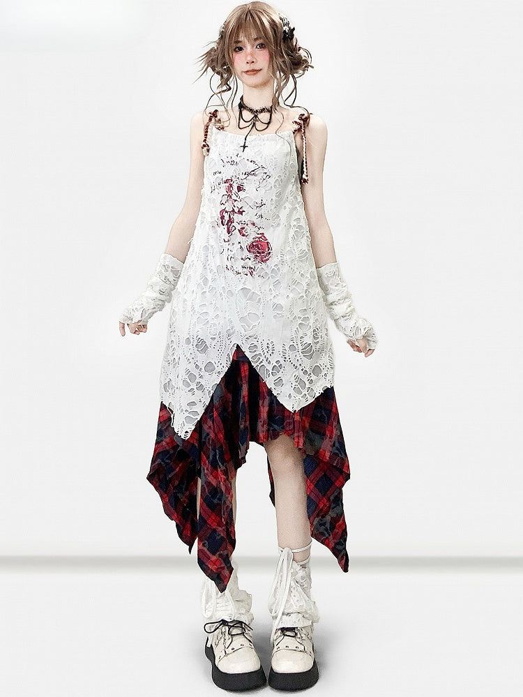 袖付きホワイトデザインカットアウトキャミソールプリントドレスの詳細Y2K