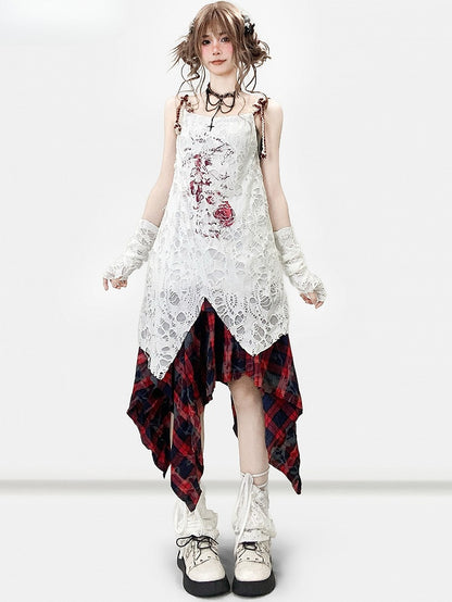 袖付きホワイトデザインカットアウトキャミソールプリントドレスの詳細Y2K