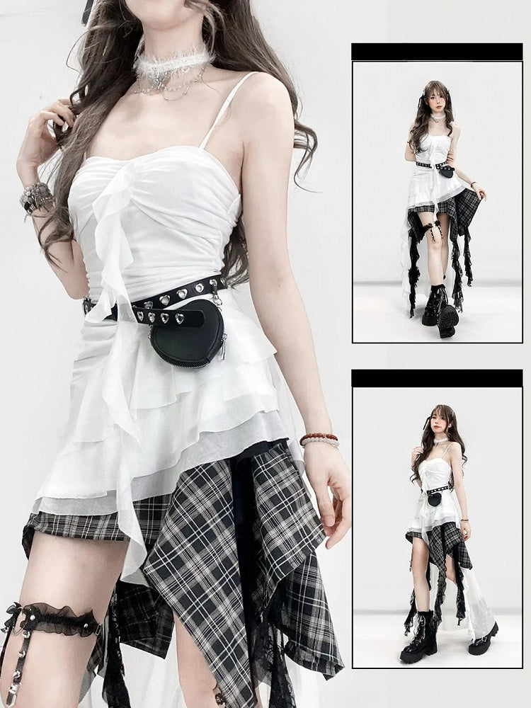 Holiday Asymmetrical Cami Y2K Glamorous Trim Ruffles Top White Hem